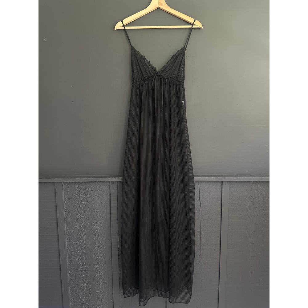Vintage Black Sheer Ribbed Striped Maxi Nylon Chemise Slip Dress Size L